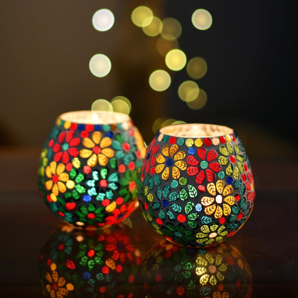 Homesake Tealight Candle Holders for Home Decor, Mosaic Glass, Flowers Diwali Decoration Items, Diwali Gift Items, Diwali Decoration Items for Home Decor | Pack of 2