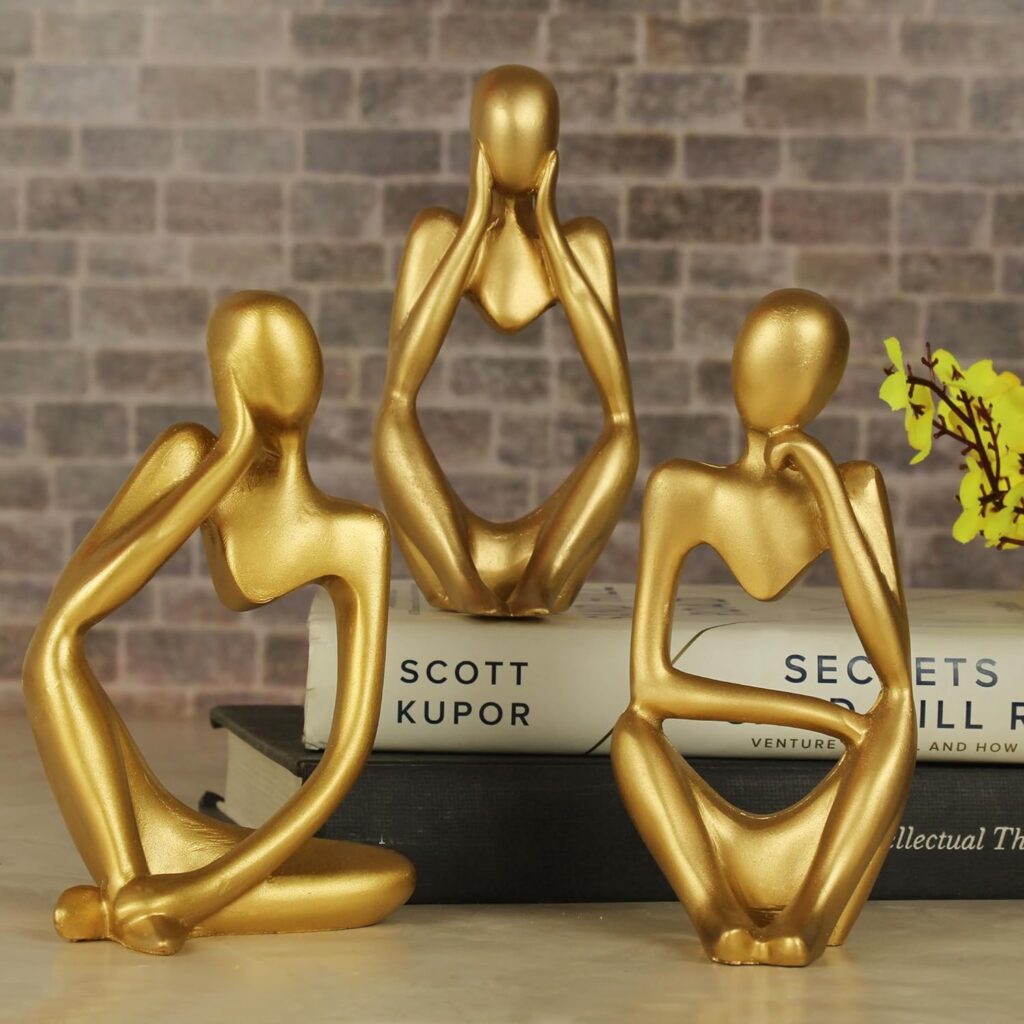 TIED RIBBONS Decorative Abstract Thinker Men Statue Set Of 3 Modern Art Showpiece Sculpture(Fantasy,Gold,13CmX6Cm) Decoration Items For Home Decor Living Room Bedroom Bookshelf Table Office-Resin